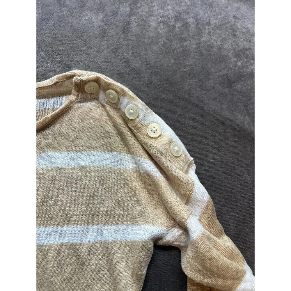 Ralph Lauren WOMEN Small LONG SLEEVE‎ SHIRT White Tan Knit Button Sleeves
